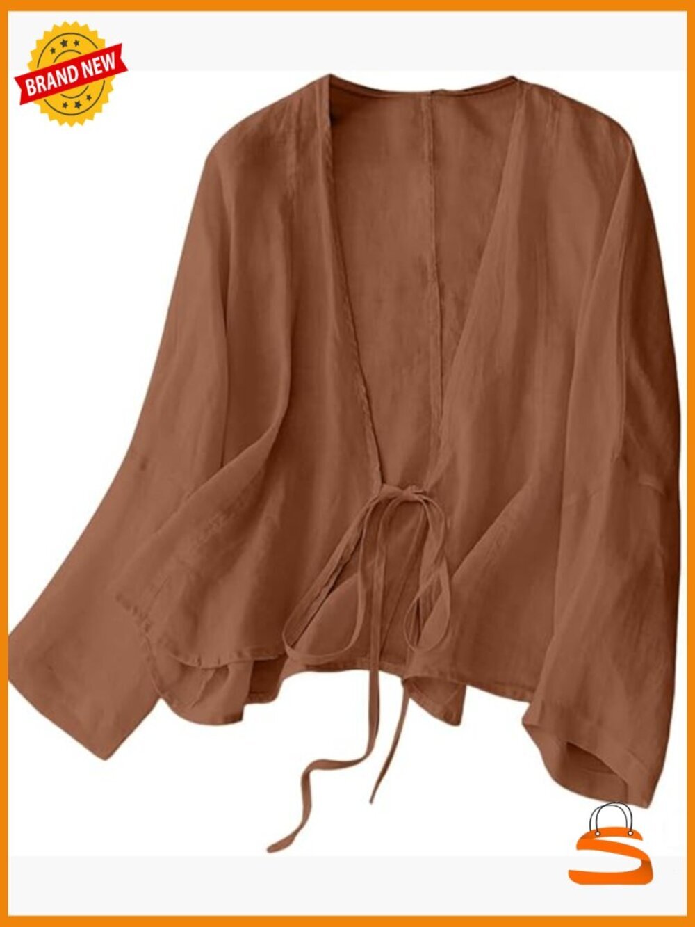 Casual Cotton Linen Cardigan, V-Neck Tie Front, Batwing Sleeve, Lightweight